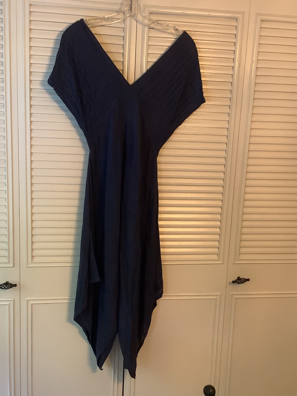 Asymmetrical Navy V-Neck Handkerchief Hem Dress